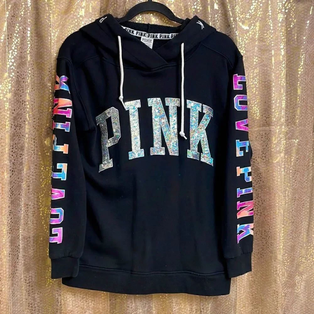 RARE HTF PINK VS watercolor holographic sequin bling black sweatshirt, XS‎